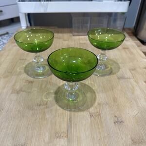 Set Of 3 Vintage 4.25” Emerald Green Low Sherbet Champagne Glasses Footed *